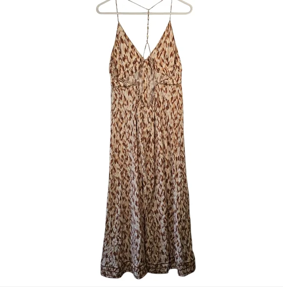 NWT aerie Leopard Print Spaghetti Strap Maxi Dress Beaded Strap Front Slit SizeL - Picture 2 of 15